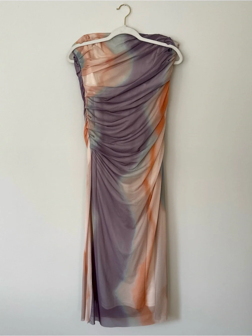 NWT Zara Strapless Printed Ruched Tulle Mesh Midi Dress, Cream Watercolor – L